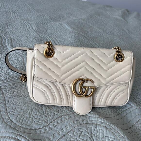 Gucci GG Marmont Small Chain Shoulder Bag Leather Chevron Logo Luxe Neutral Soft - Picture 2 of 15